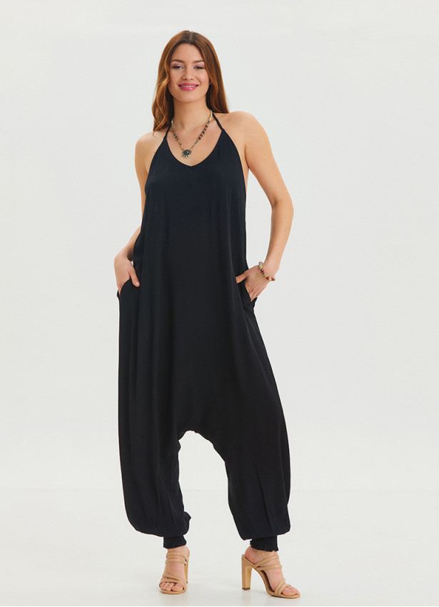 Black Bohemian Jumpsuit with Elasticated Legs and Tied Neck 4484